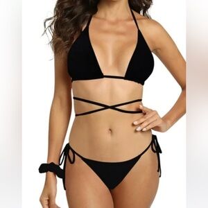 Monica Hanson Beachwear Criss Cross Triangle Bikini Top Black Sz XS Women NWT